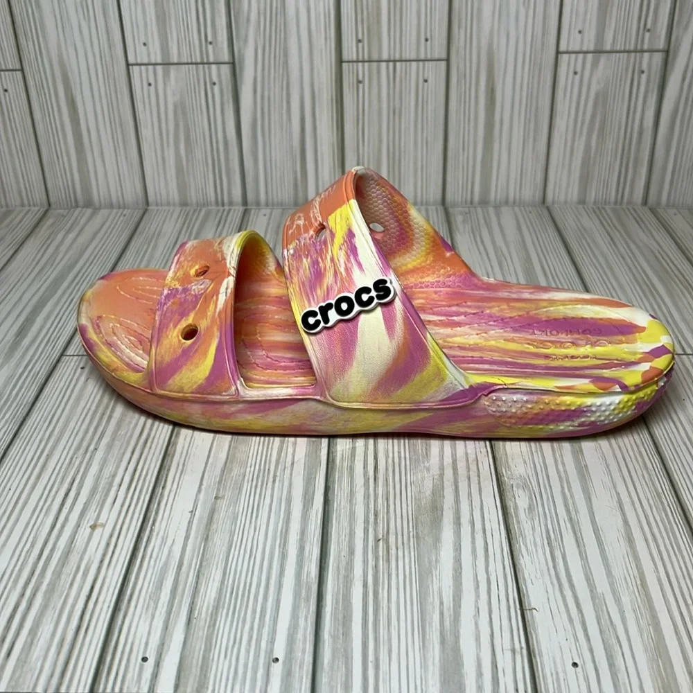 Crocs Women’s Classic Marbled Slides Orange Pink Yellow Sandals Size W 10 M 8 - Picture 9 of 9